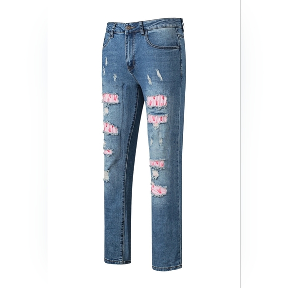 Evaless Heart Print Straight Mid Waist Ripped Jeans, Size M - Picture 6 of 11